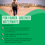 #GetGreensElected FOR FAIRER, GREENER WATERWAYS Greens demand: water companies commit to actions to end sewage discharges and clean up local waterways water supplies are brought back into public ownership water company shareholder dividends are stopped until sewage and infrastructure repairs have been resolved Green Party LOCAL ELECTIONS 2023 For fairer, greener communities With photo of a person walking on a beach